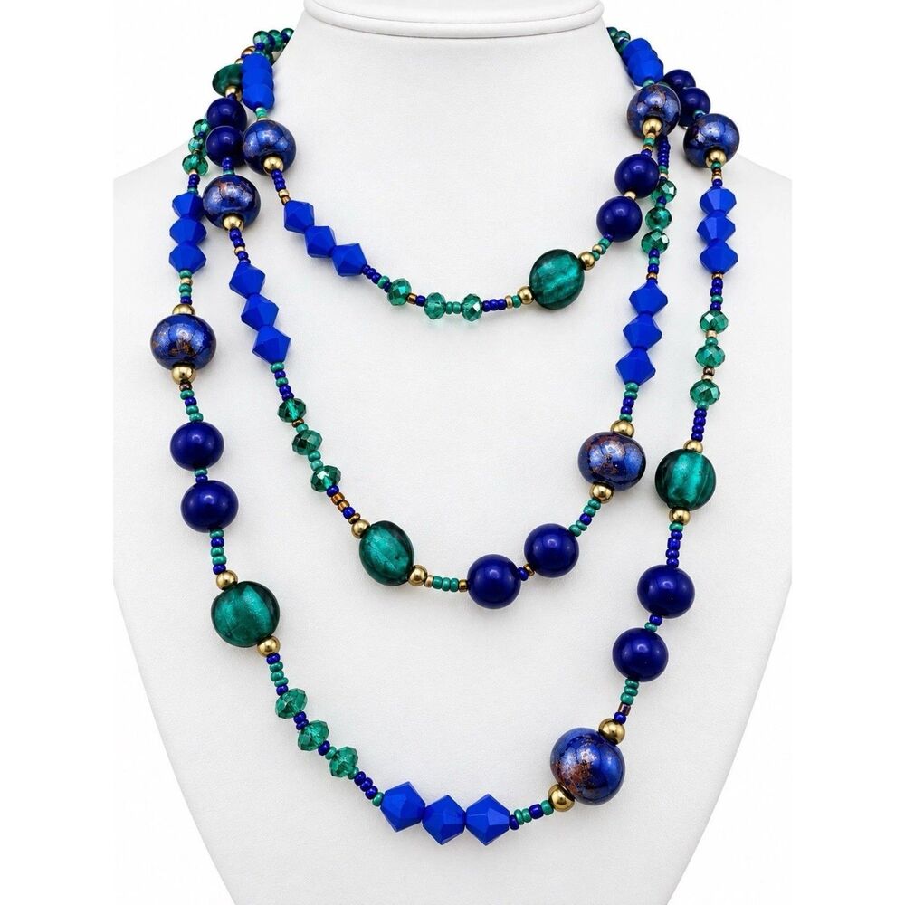 Cobalt Blue Green Glass Bead Long Layering Necklace Teal 58 Inch Premier Designs